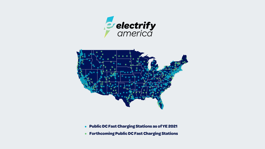 Map of the United States with dots on it depicting locations of electric vehicle charging stations