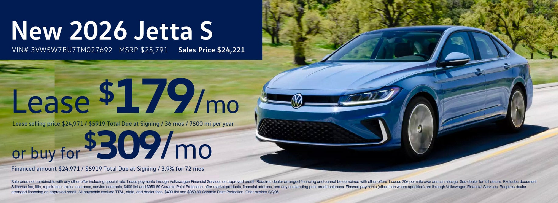 Lease 2026 Jetta for as low as $179/mo at VW Cypress