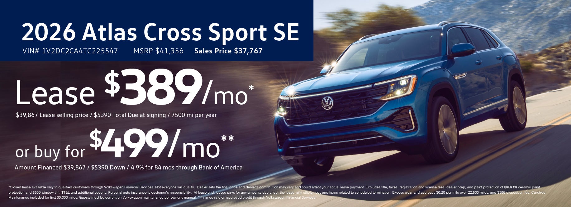 Lease 2026 Atlas Cross for as low as $389/mo at VW Cypress