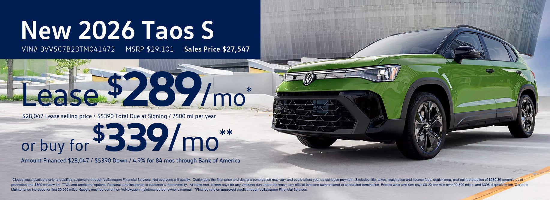 Lease 2026 Taos for as low as $289/mo at VW Cypres