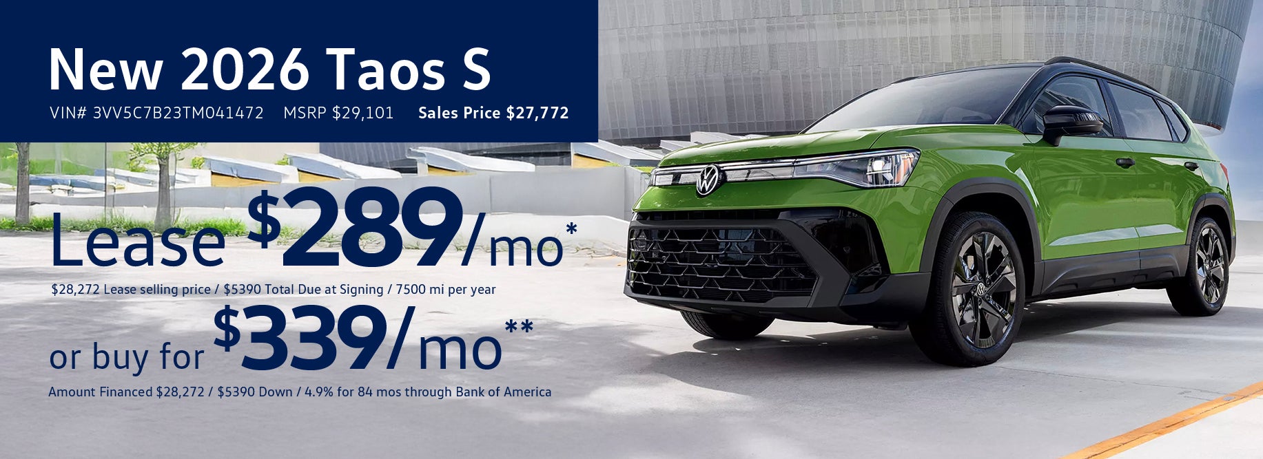 Lease 2026 Taos for as low as $289/mo at VW Cypres