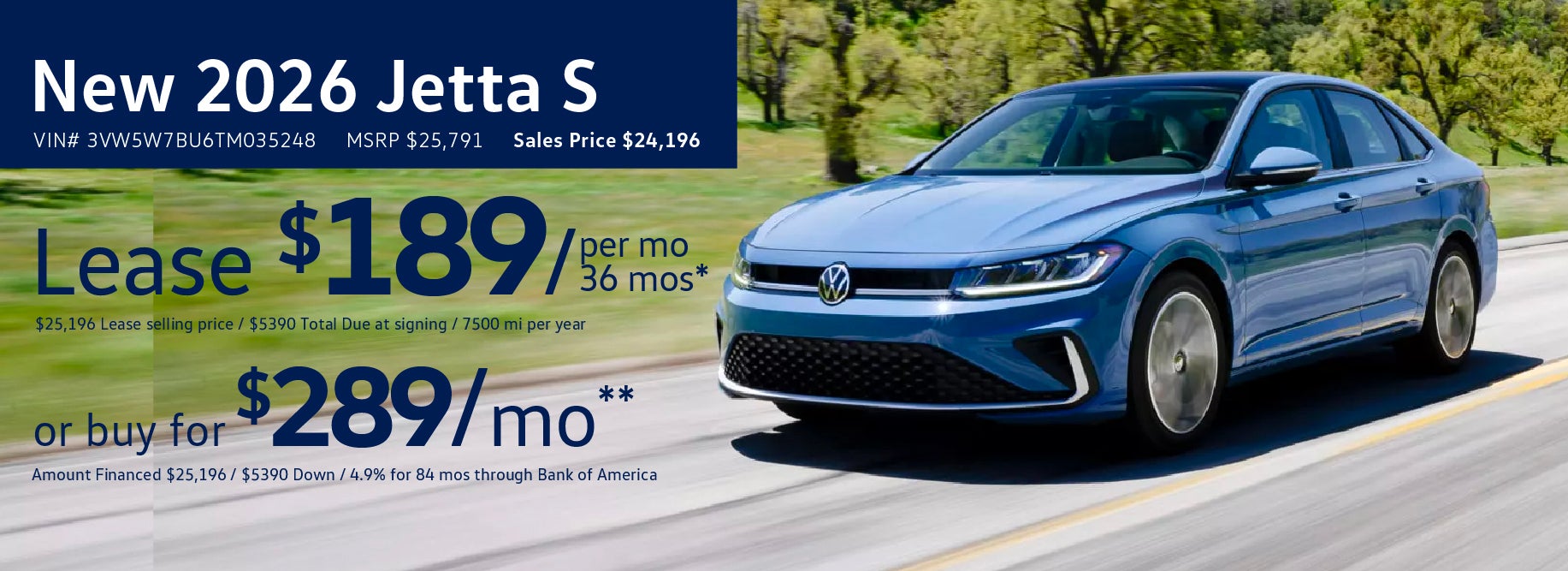 Lease 2026 Jetta for as low as $189/mo at VW Cypress