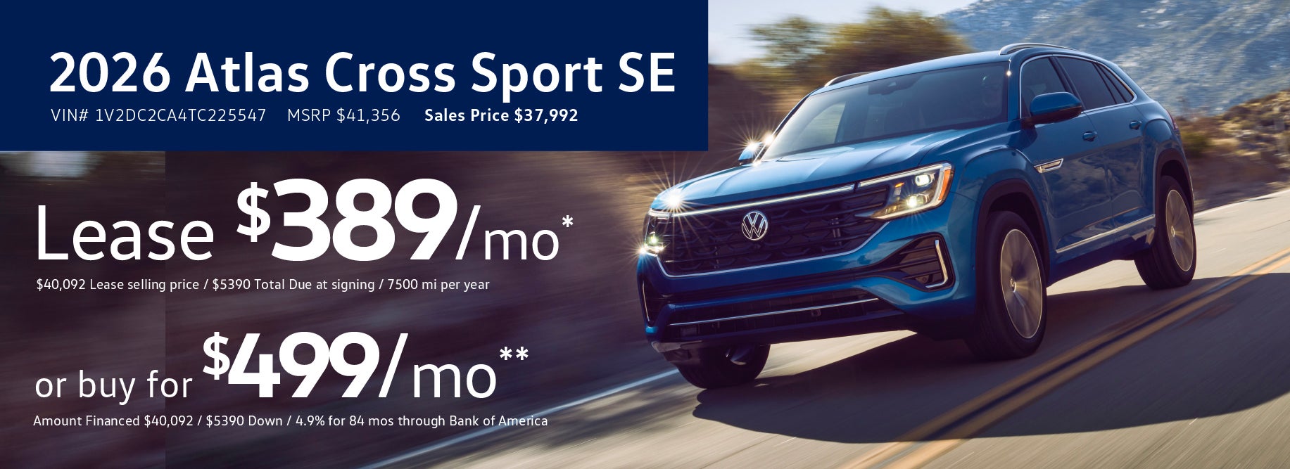 Lease 2026 Atlas Cross for as low as $389/mo at VW Cypress