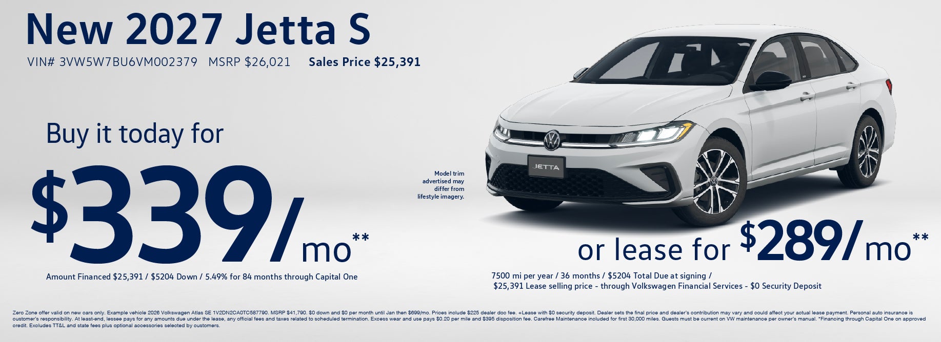 Lease from $289/mo on the Jetta S at VW Cypress